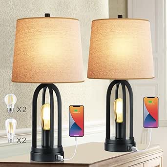 Set of 2 Table Lamps 3-Way Dimmable Touch Lamp Bedside Lamp with USB Ports Industrial Bedroom Lamps for Living Room Black Nightstand Lamp Desk Lamp Bed Lamp for Reading Office Dorm