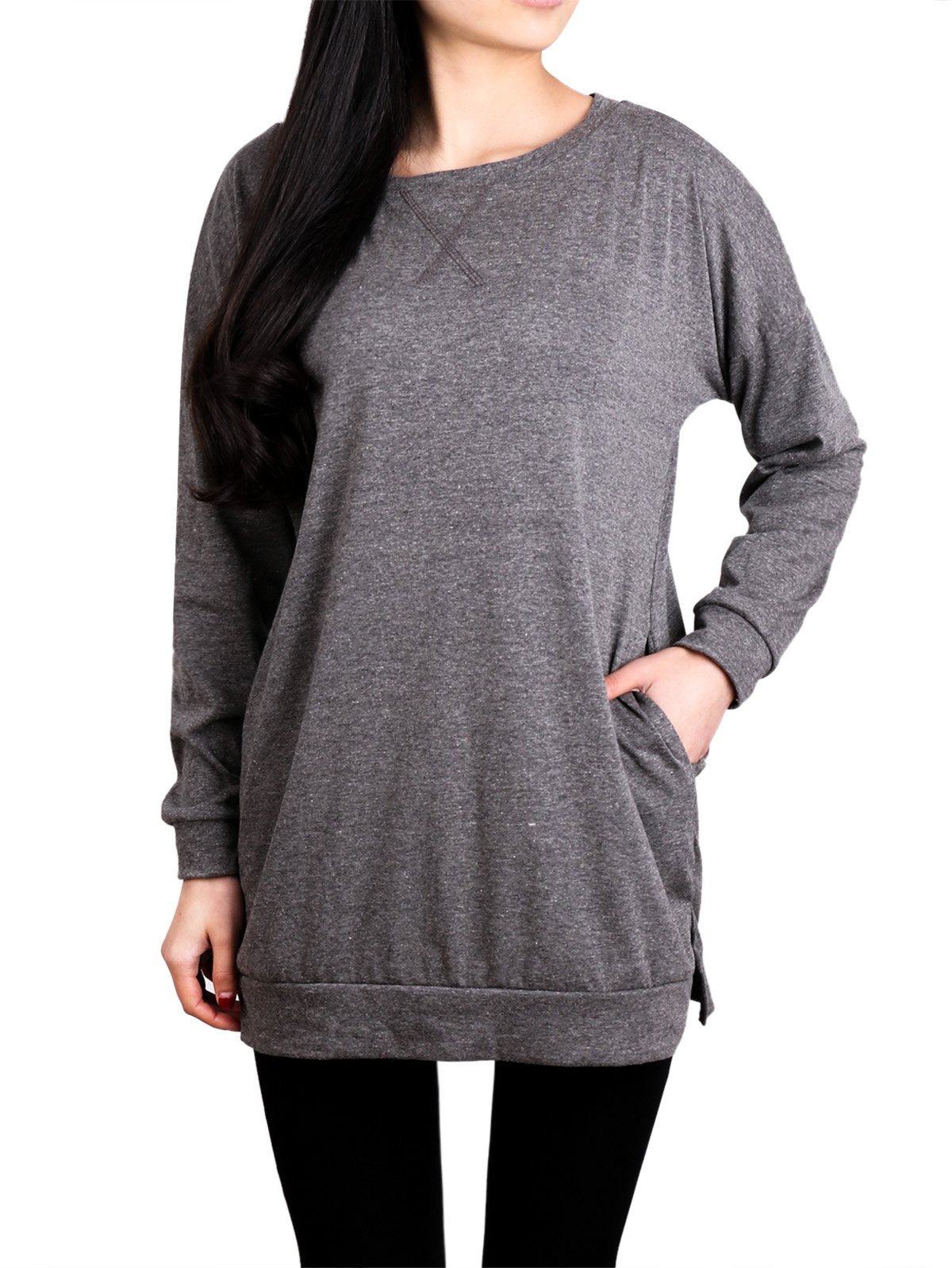 DSUK Ladies Tunics To Wear With Leggings, Youth Crewneck Pockets Drop Shoulder Sleeve Side Split Tunic Designs Ultra Soft T Shirt For Everyday Party Practical Clothes Grey Large