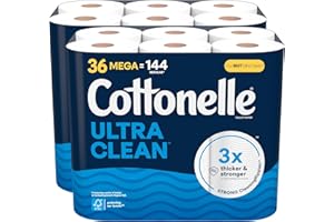 Cottonelle Toilet Paper, 36 Mega Rolls = 144 Regular Rolls (2 Packs of 18), Ultra Clean, Strong Bathroom Tissue, 284 Sheets p