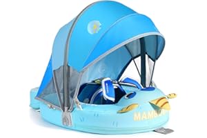 V CONVEY Mambobaby Float Add Tail No Flip Over Non-Inflatable Baby Swim Float Pearl Foam Solid Water Floats Smart Swim Trainer Infant Pool Float Swim Ring with Sun Canopy