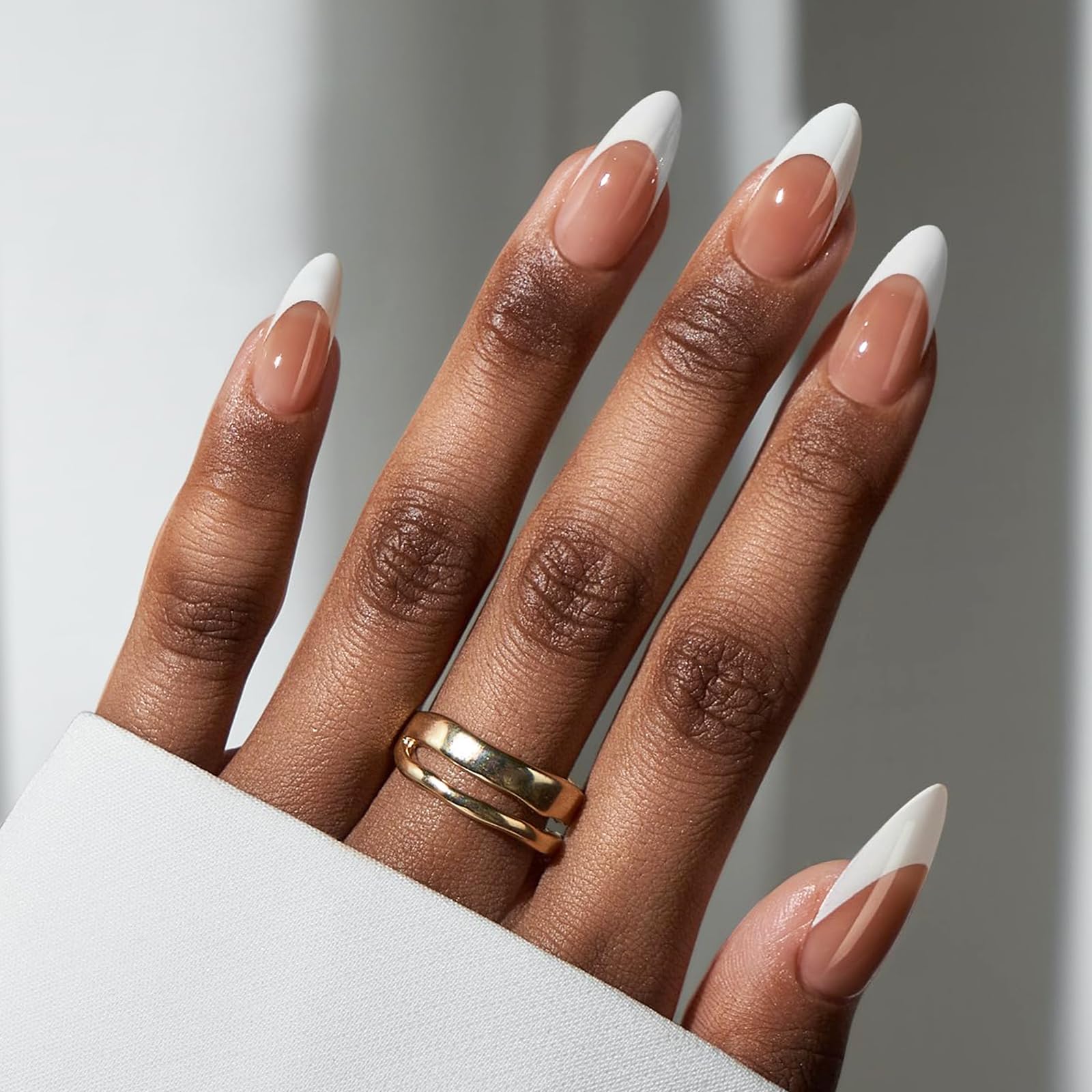 BTArtbox French Tip Press On Nails - Medium Press On Nails Almond, Natural Fake Nail with Nail Glue, Brown Glue On Nails in 15 Sizes - 30 Fake Nails Kit