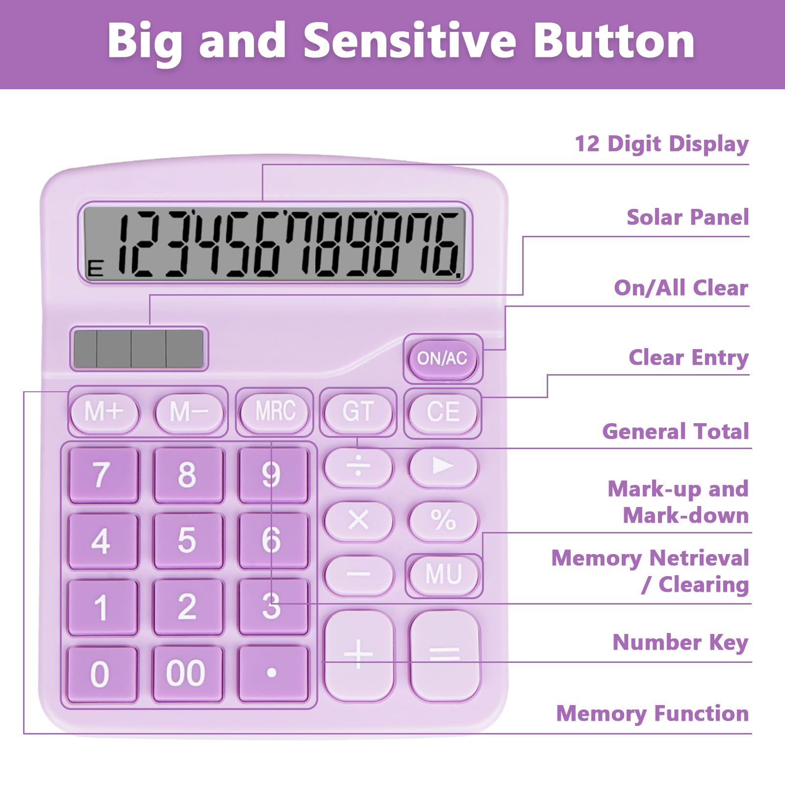DANRONG Cute Purple Desktop Calculator with Big Buttons, Dual Power Source, Solar and Battery, Large Display Screen - Perfect for Office, Teachers, and Students (Purple)