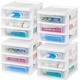 IRIS USA Plastic Stacking Desk Top 3-Drawer Storage Organizer, 4-Pack, for Makep Vanity Nail Polish Bathroom Stationery Art Craft Supplies Kitchen Office Garage and Small Organization, Small, White
