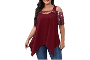 Generic Plus Size Tops for Women Cold Shoulder Sparkle Sequin Short Sleeve Blouses High Low Asymmetrical Irregular Hem Shirts