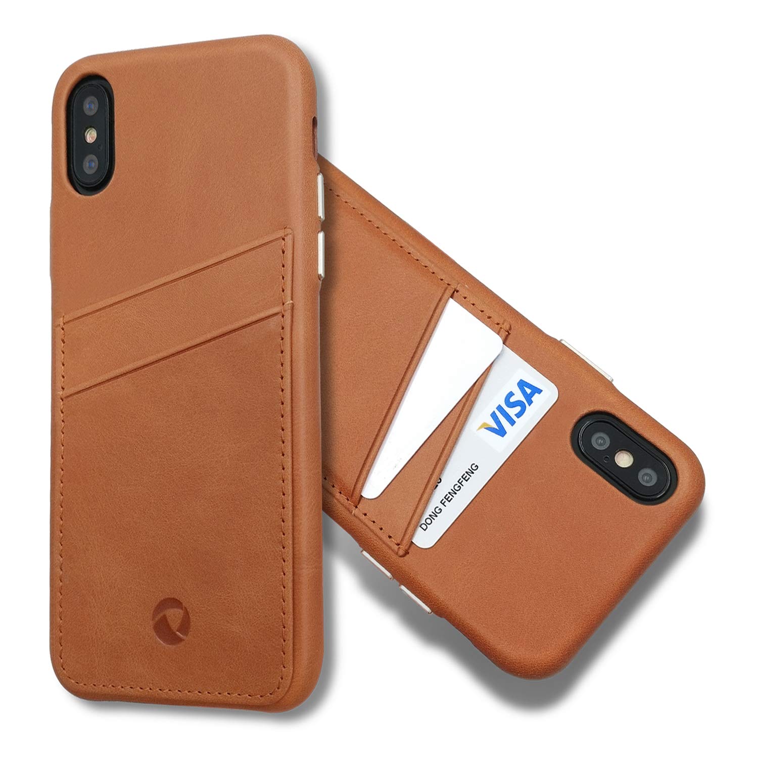 LUCKYCOIN Genuine Leather Case with Card Holder for iPhone XS MAX 6.5in,Wallet Case with Metal Buttons,Tan