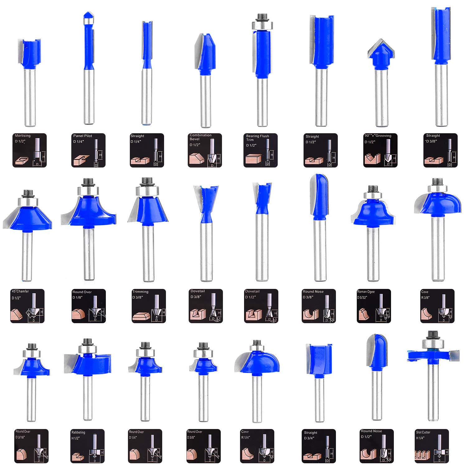 KOWOOD Router Bits Sets of 24A Pieces 1/4 Inch Shank Router Bit Set T Shape - for Commercial Users and Beginners: Industrial & Scientific