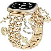 REALSIGN Stylish Cuban Chain Band Compatible with Fitbit Versa 4/Versa 3/Sense 2/Sense/Women,Metal Link Chain Wristband with Cute Charms Pendants Bracelet Replacement Smartwatch Strap