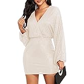 ZAFUL Women's Sequin Saprkly Mini Dress Long Sleeve Homecoming V Neck Bodycon Dress Party Prom Cocktail Glitter Dress