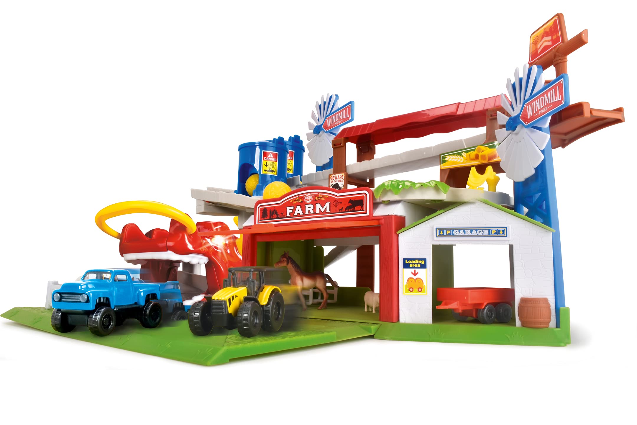 Dickie Toys 203739003 Farm Adventure Parking, Garage, Play Set, Light & Sound, Lift, Includes Animals, Hay Balls, Trap Door, 2 Toy Cars, 18 x 52 x 22.5 cm, for Children from 3 Years