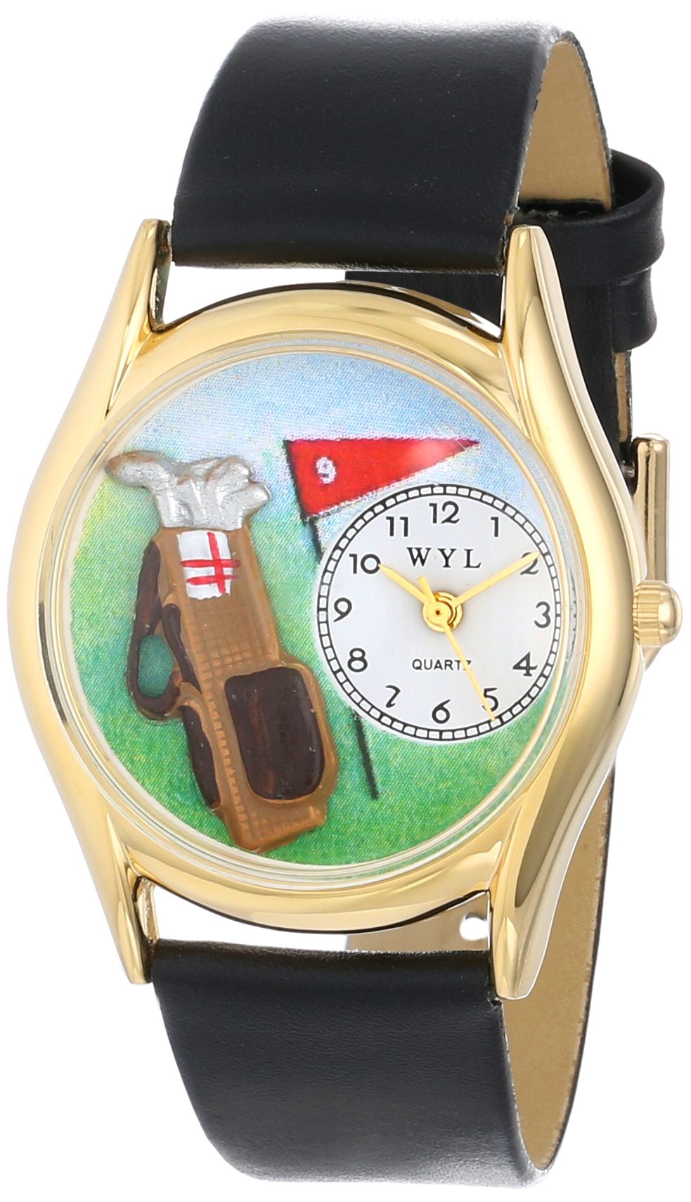 Whimsical Watches Golf Bag Black Leather and Goldtone Unisex Quartz Watch with White Dial Analogue Display and Multicolour Leather Strap C-0820010