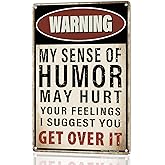 MOLESS Funny Man Cave Decor for Men | 12x8″ Durable Vintage Metal Man Cave Signs Wall Decorations for Basement/Garage/Mancave, 'Warning: My Sense of Humor May Hurt Your Feelings', 2358