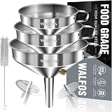 Walfos Kitchen Funnel 3 Pack Stainless Steel 14cm 12cm 10cm with 2 Strainers