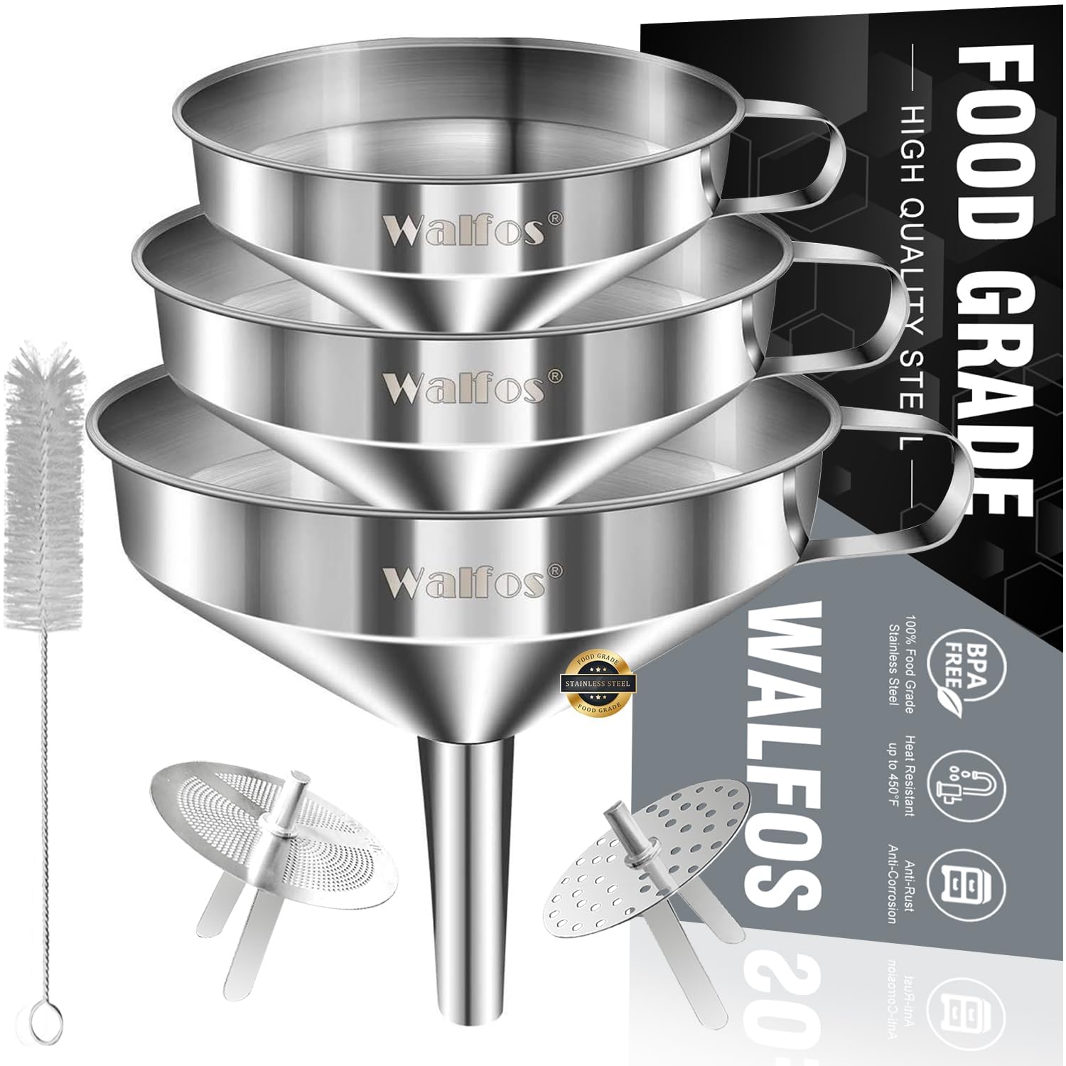 Walfos Kitchen Funnel, 3 Pack Stainless Steel Funnel (14cm+ 12cm+ 10cm) with 2 Removable Strainer ＆ 1Pcs Cleaning Brush, Perfect for Transferring of Liquid, Oils, Jam, Dry Ingredients & Powder