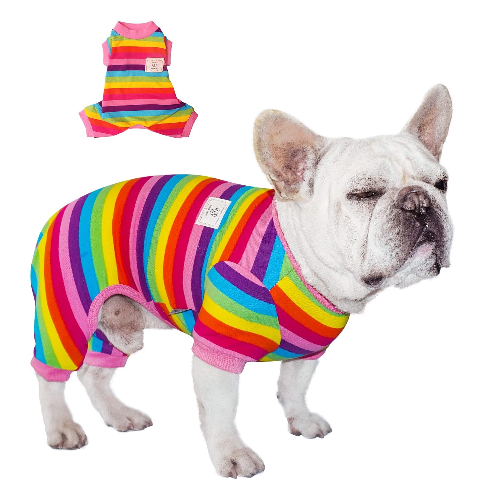 TONY HOBY Dog Pajamas, 4 Legged Dog Jumpsuit Soft Lightweight - Rainbow Stripe, Pink, L