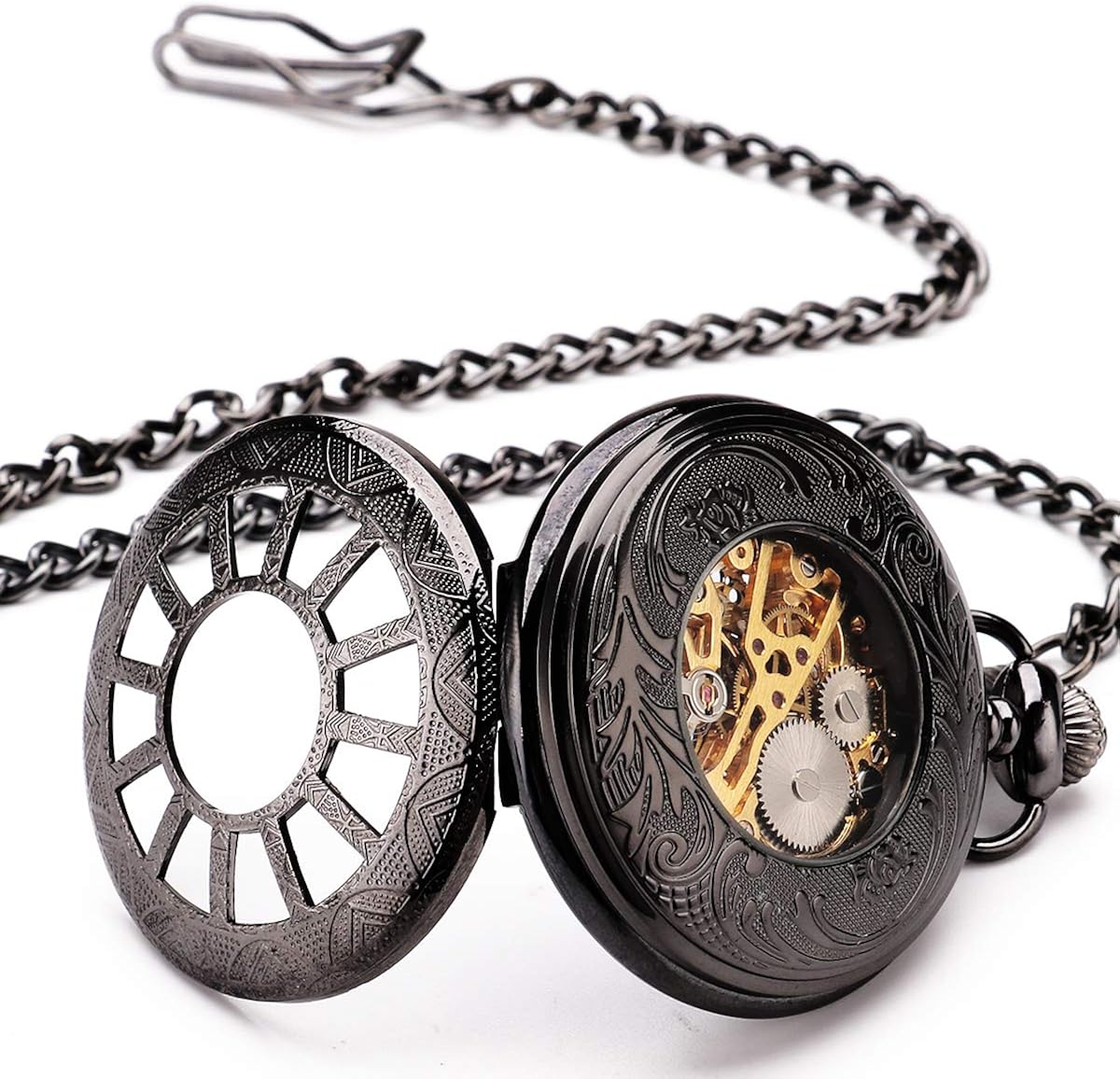 ManChDa Vintage Men Mechanical Pocket Watch Elegant Black Engraved Case Hollow Hunter Skeleton Dial with Chian + Gift Box - Image 4
