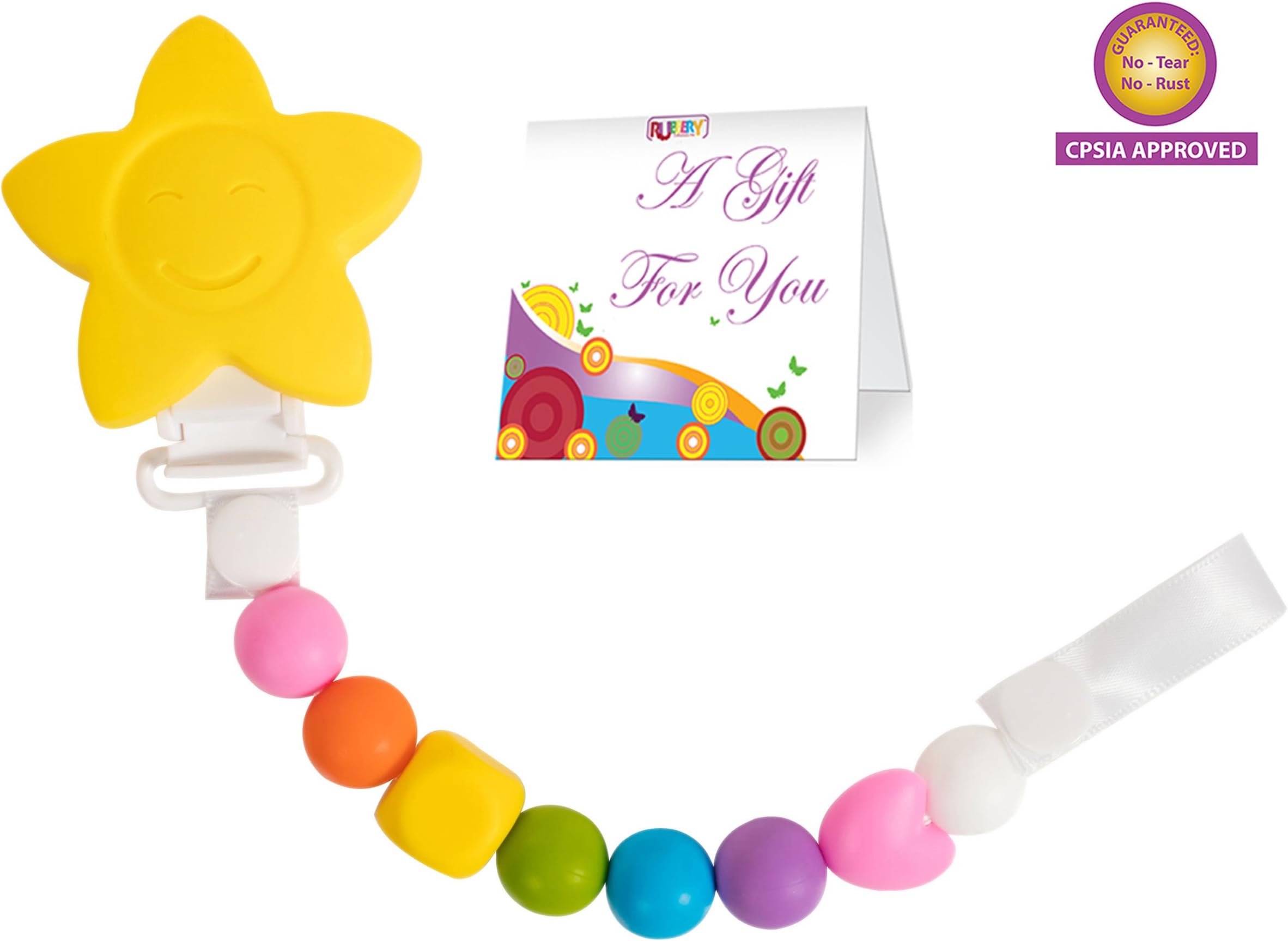 Teether Toy Pacifier Clip - 2 Color Options - Baby Girl or Boy Star Beaded Silicone Teething Toy and Pacifier Clip - (Yellow Rainbow Colors) Greeting Card Included for Baby Gifts