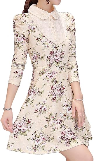 Amazon フォウマルハート Fowmalheart レトロ フラワー 丸襟 長袖 レディース ワンピース 甘辛 コーデ の ベース にも L ワンピース チュニック 通販