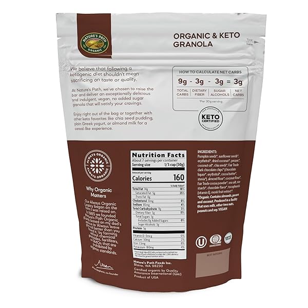 NATURE’S PATH ORGANIC KETOLA CRUNCH® DARK CHOCOLATE CHIP & NUT GRANOLA, 8 OZ (PACK OF 1), GLUTEN FREE, NON-GMO, FAIR TRADE