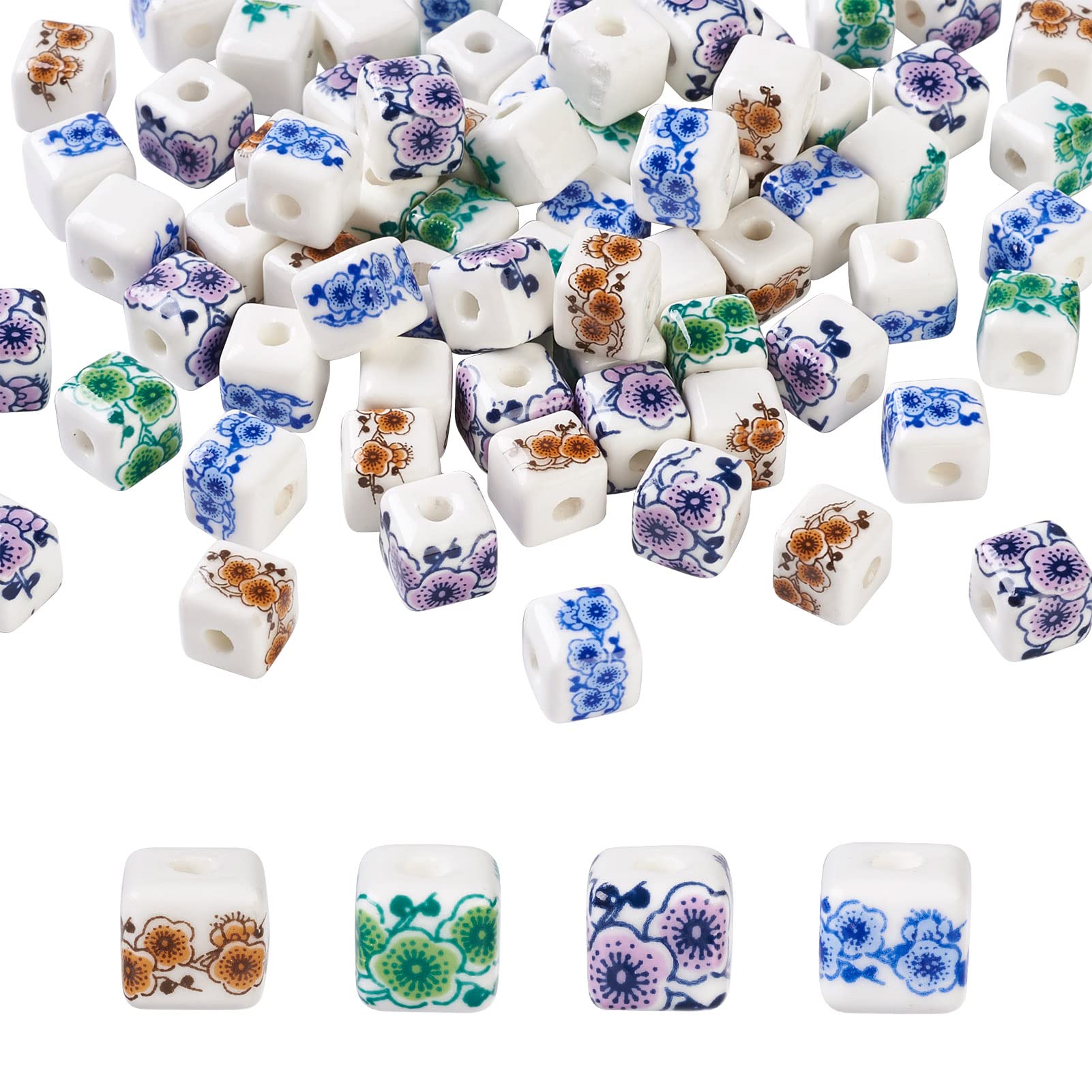 Crafans 72Pcs Cube Porcelain Beads, 4 Colors, Plum Blossom Pattern, 9x9x9mm, Hole: 2.5mm, Perfect for DIY Bracelet, Necklace, Earring & Crafting