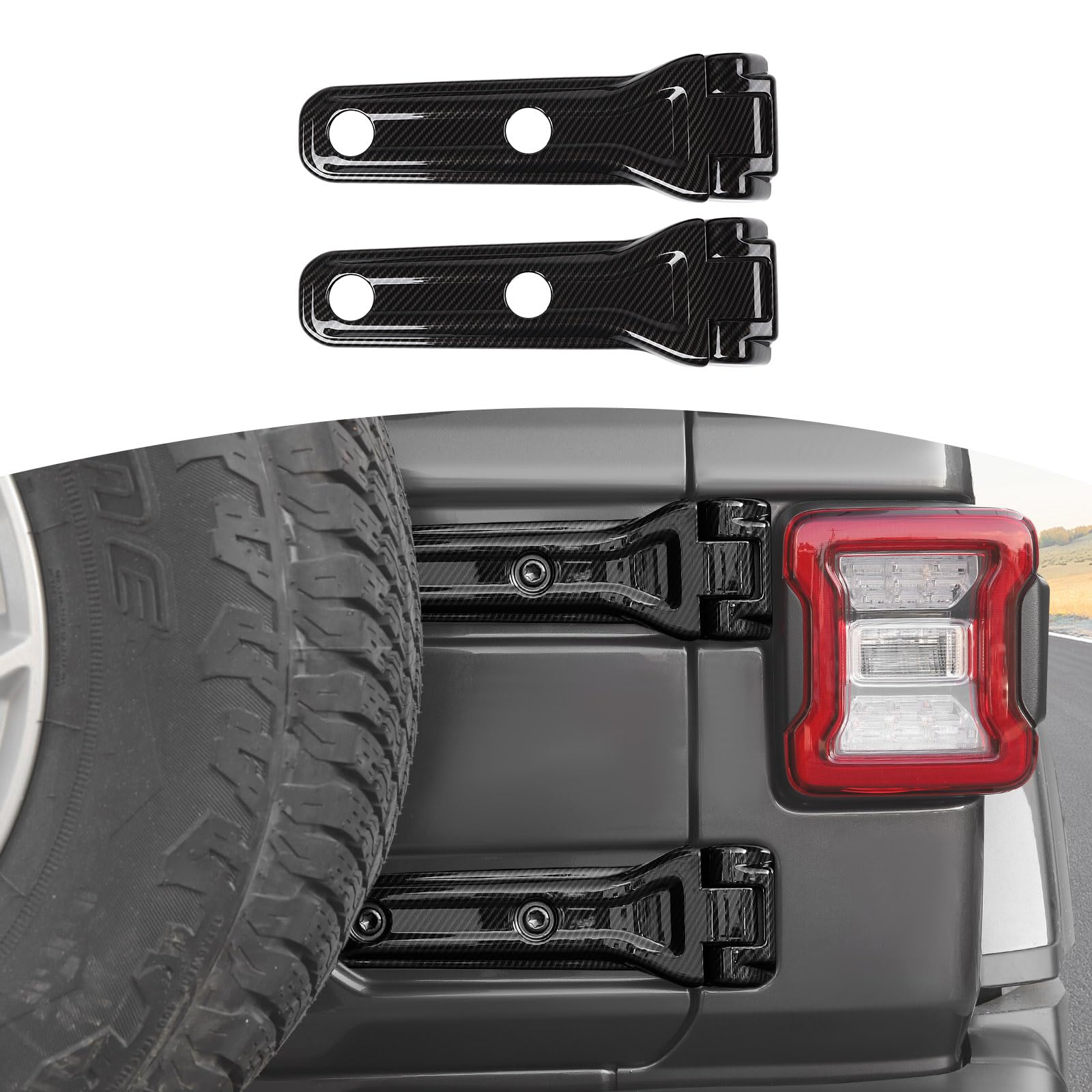 Photo 1 of RT-TCZ for Jeep JL Tailgate Hinge Cover Trim Decals Carbon Fiber for Jeep Wrangler JL JLU 2018 up Carbon Fiber Exterior Accessories 2pcs