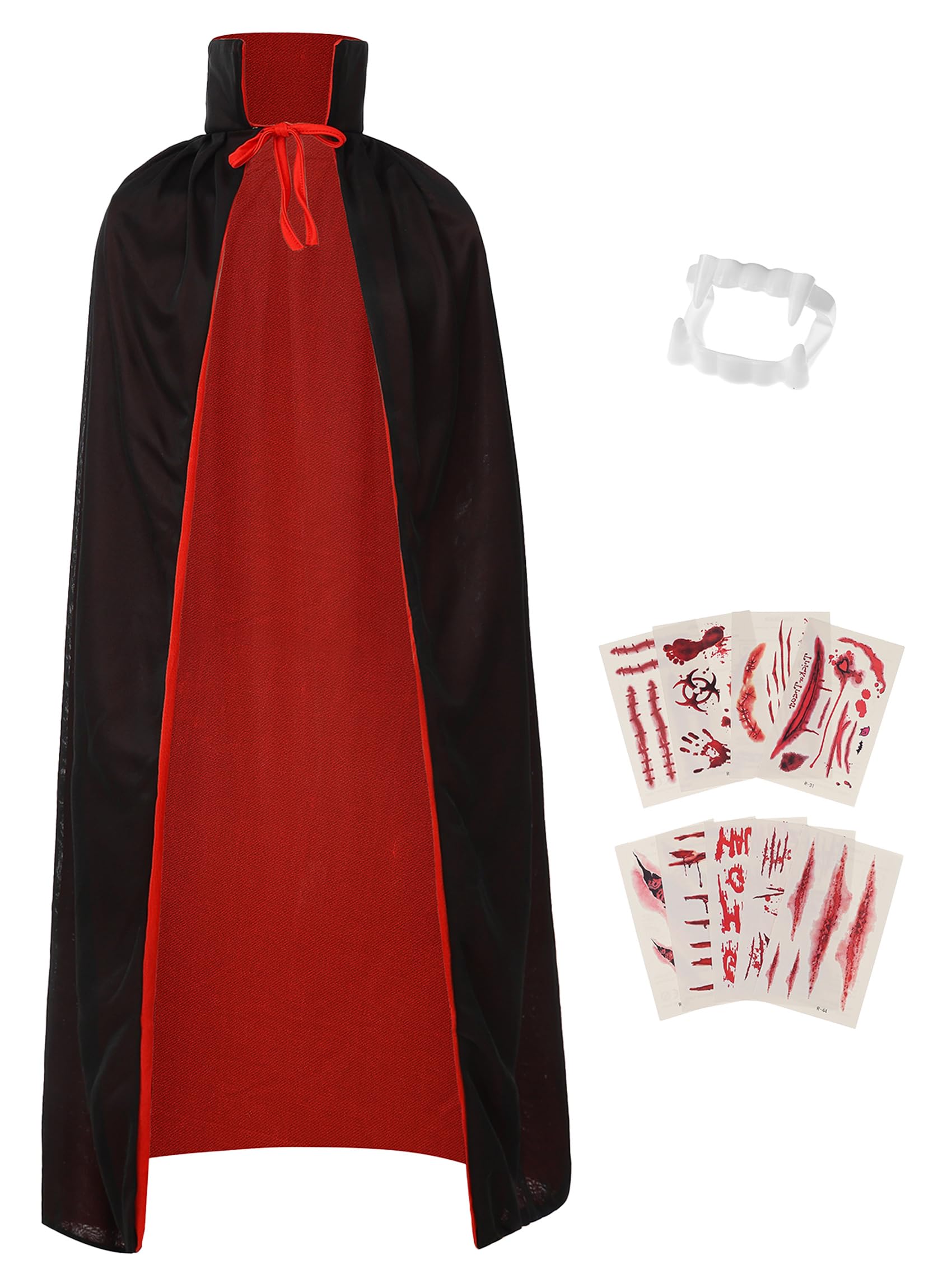 NMKL Vampire Cape,Halloween Vampire Costume Set with Black Red Reversible Cape Cloak, Vampire Teeth and Tattoo Scar for Halloween Cosplay,Dracula Theme Party, Transylvania Costume