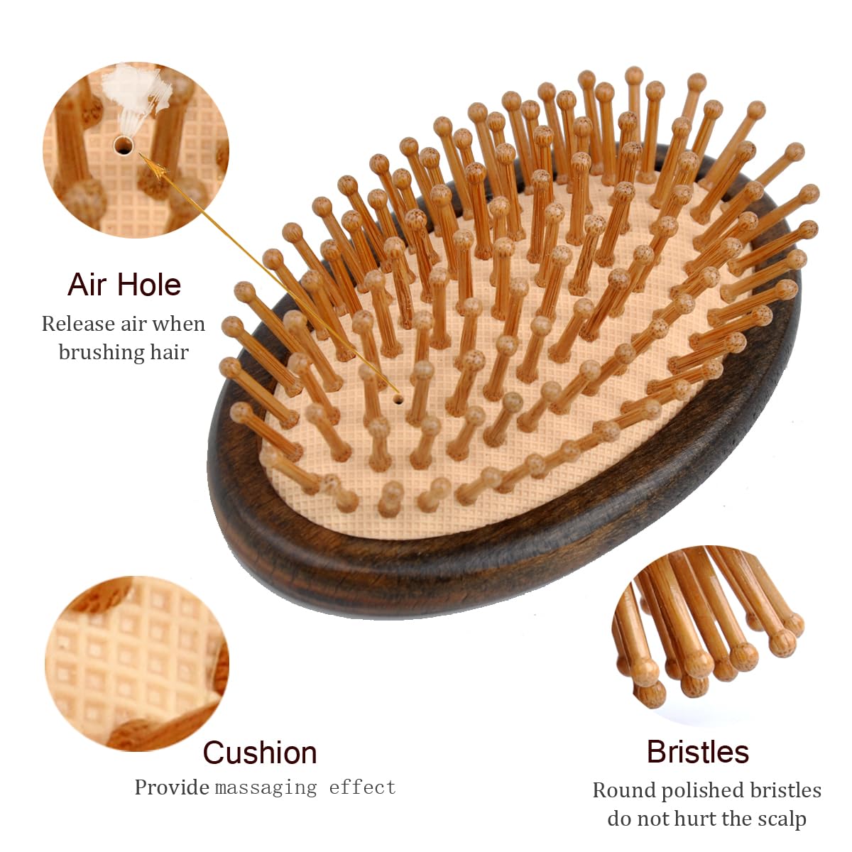 Handmade Oval Wooden Hair Brush Mini Cosmetic Mirror Set,Mini Travel Portable Hairbrush with Bamboo Pins/Boar Bristles (Bamboo Pins)