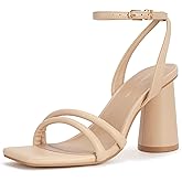 Viciously Vixen Women's Block High Heels Square Toe Heeled Sandals Ankle Strap Shoes