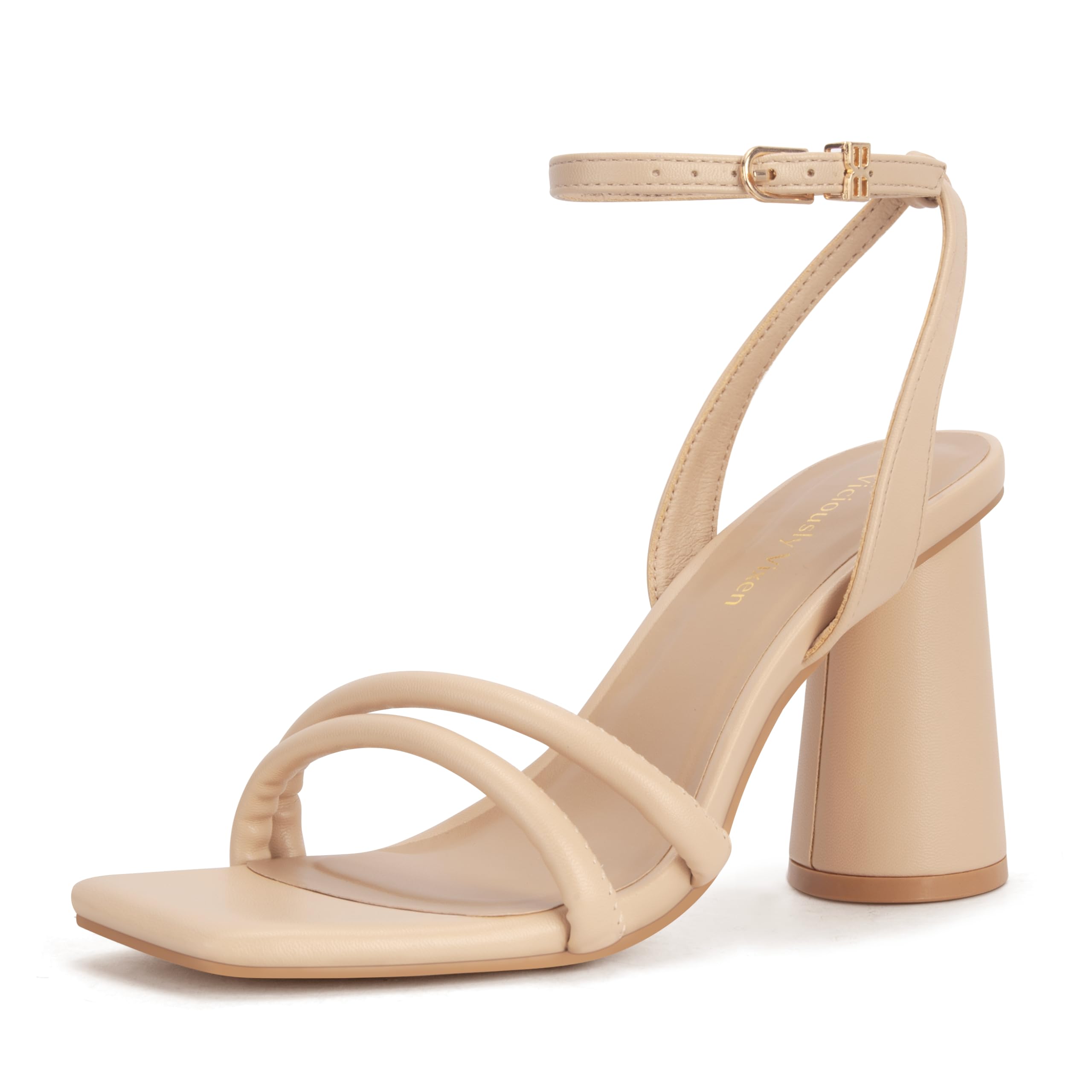 Photo 1 of Viciously Vixen Women's Block High Heels Square Toe Heeled Sandals Ankle Strap Shoes, Nude, 6