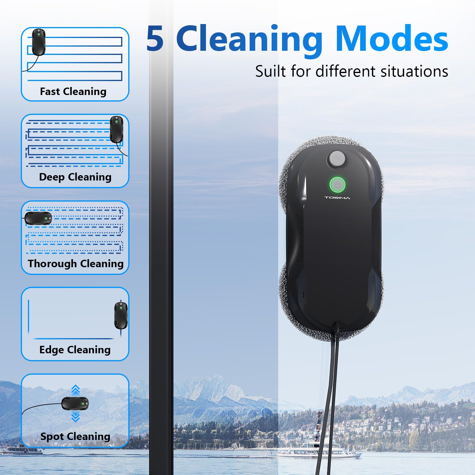 Tosima W5 Robot Limpiacristales, Limpiacristales Inteligente con Pulverización Automática de Doble Dirección con Triple Sistema de Seguridad, Navegación Inteligente, Control Remoto, para Todas Las Superficies Lisas, con 8 Trapos, Negro