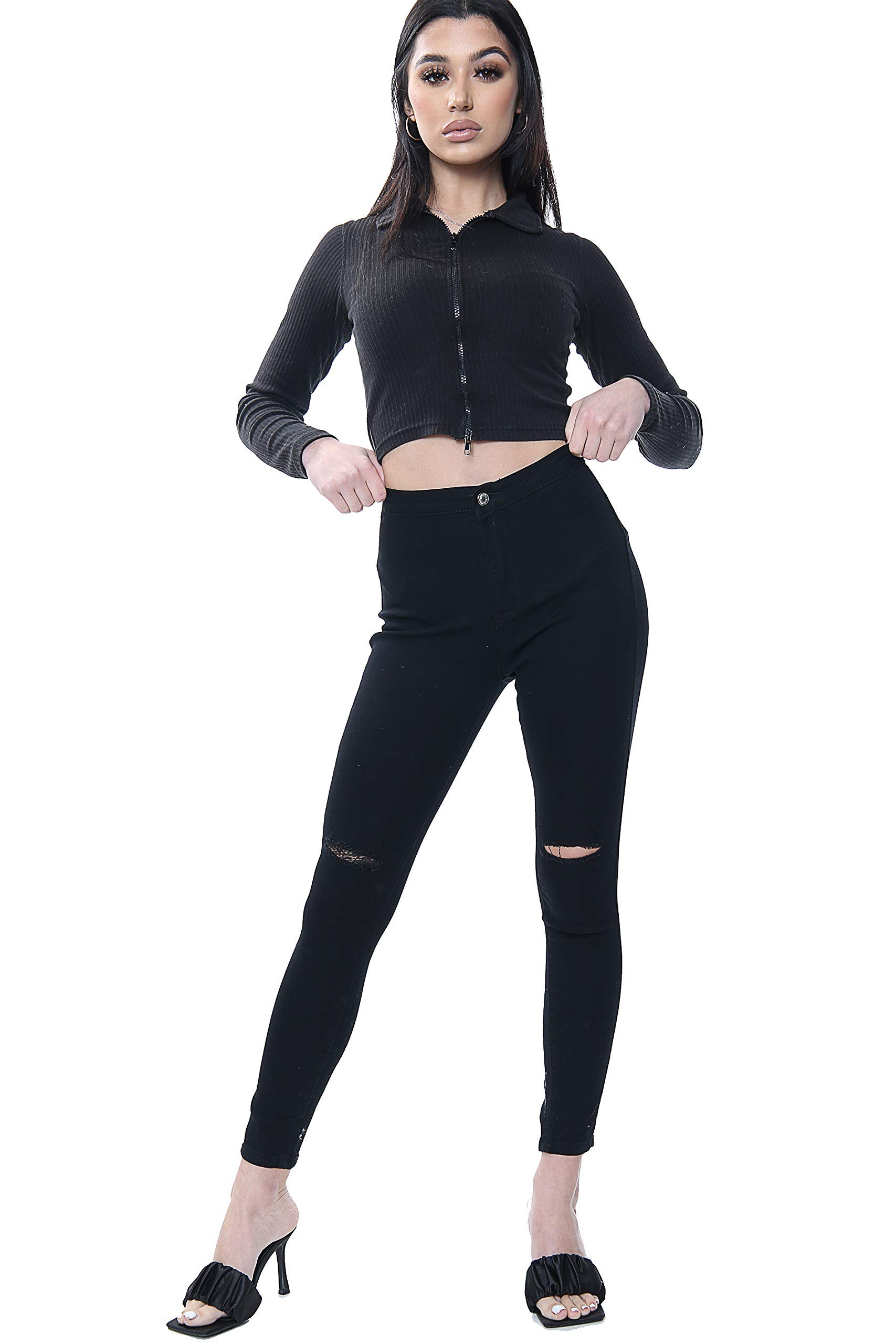 Ladies Knee Cut High Waisted Multi Cut Women Jeans Slim Fit Comfy Blue/Black/Multicoloured/Light Blue