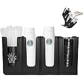 HEWASME Cup Holder Lid Dispenser with Straw Organizer,Disposable Coffee Cup Dispenser,Cup Storage Organizer for Breakroom Countertop Coffee Station Bar Restaurant