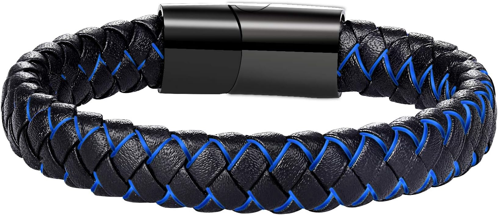 CHOMAY Top Grain Cowhide Mens Leather Bracelet Black and Blue Braided Bangle Steel Magnet Clasp Gift Box
