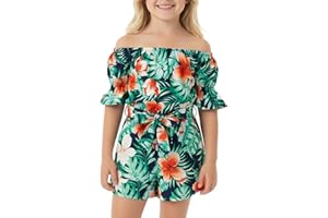 PATPAT Girls Rompers Size 6-14 Years Cold Shoulder Bell Sleeve Floral Print Rompers with Belt Cute Summer Dressy Jumpsuits