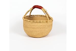 Bolga Zaare Market Basket, Handmade in Ghana by Women Artisans, Natural, Small, 11"-13" Diameter x 6"-8" H, RED Handle (1 Basket)