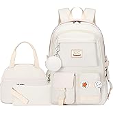 Hey Yoo School Backpack for Girls Backpack with Lunch Box Teen Girl Backpack Set Cute School Bag Bookbag for Teen Girls (White)