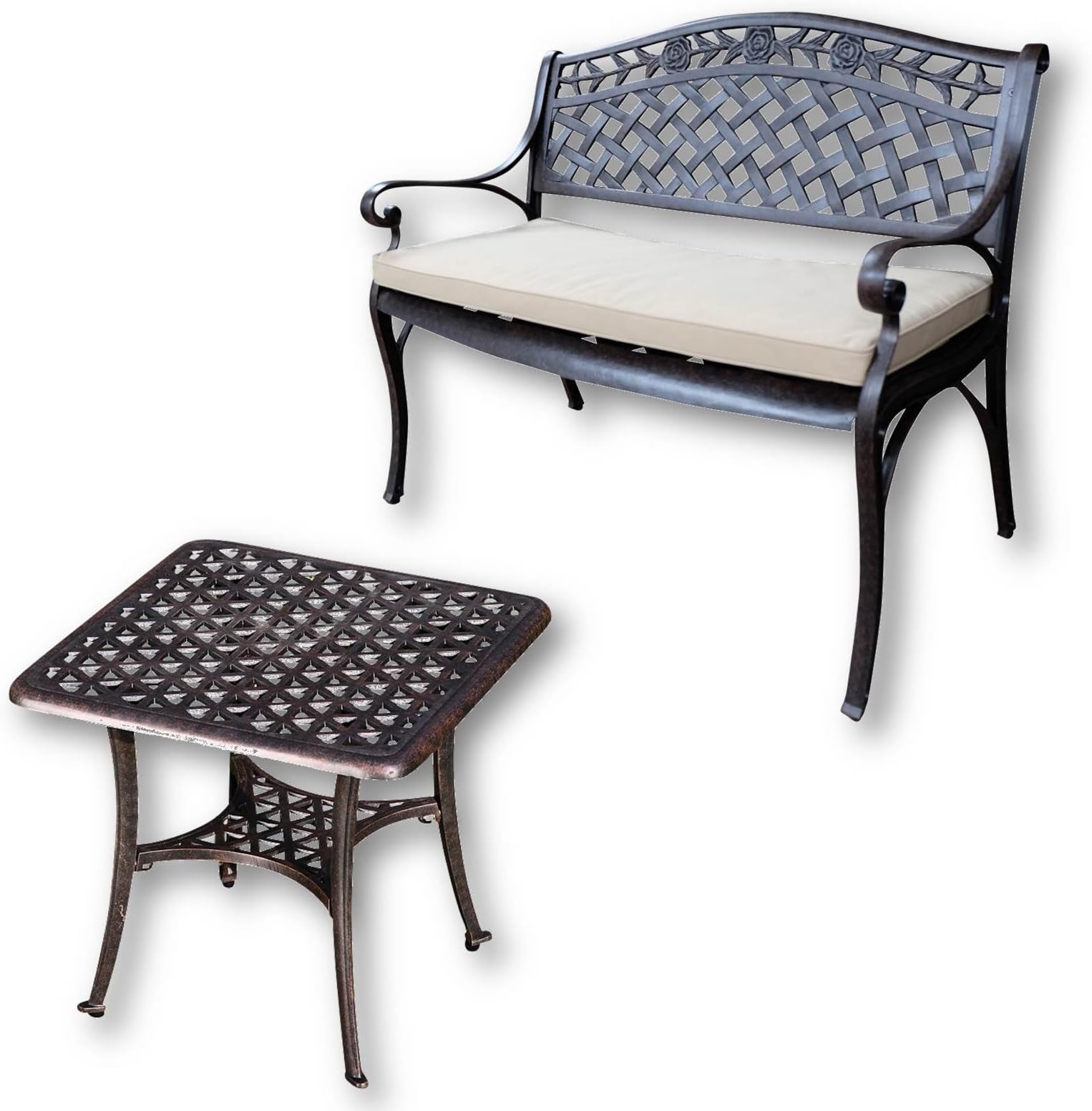 Lazy Susan Sandra Coffee Table With Rose Bench, Sand-cast Aluminium Garden Furniture Set, Weatherproof, Maintenance-free, Antique Bronze Finish, Stone Cushion