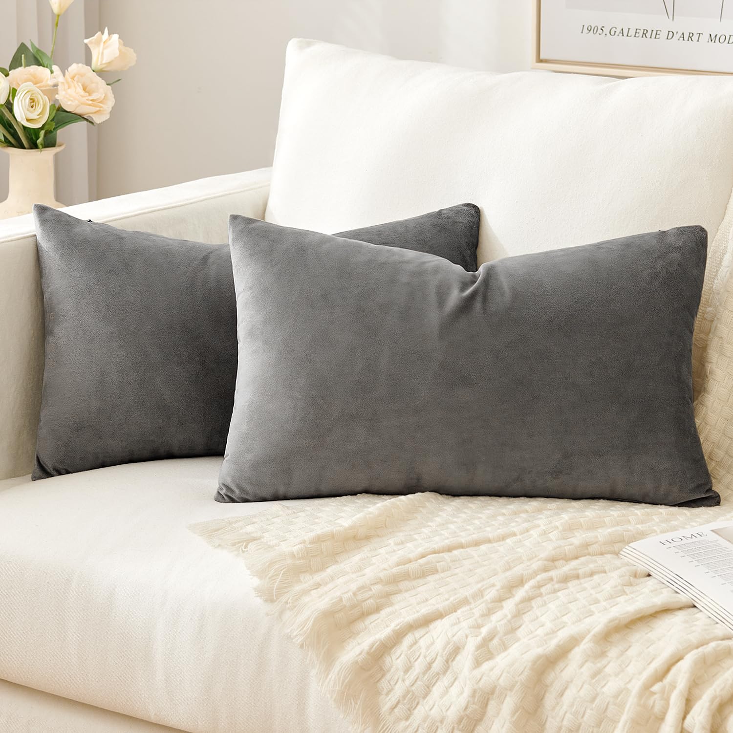 Slozzi Set of 2 Velvet Cushion Covers Home Plain Decorative Throw Pillow cases 12x20 Inch 30x50 cm Soft Square Pillow Covers for Sofa Bedroom with Invisible Zipper Grey