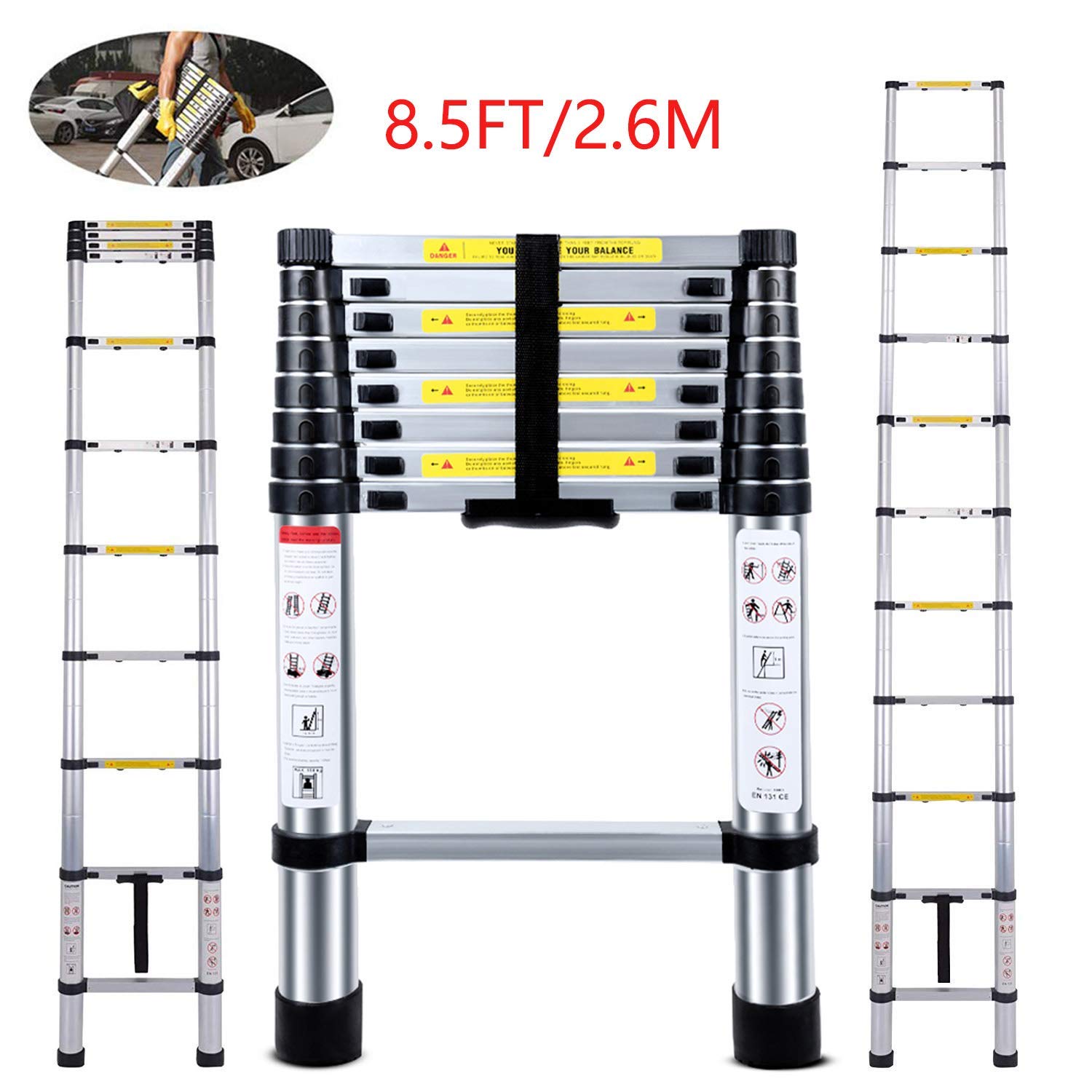 Telescoping Ladder Jason 8.5FT | 2.6M Max Load 330lbs Aluminum Ladder Extendable Ladder with EN131 and CE Standard [Step A +++](8.5FT/2.6M) (Renewed)