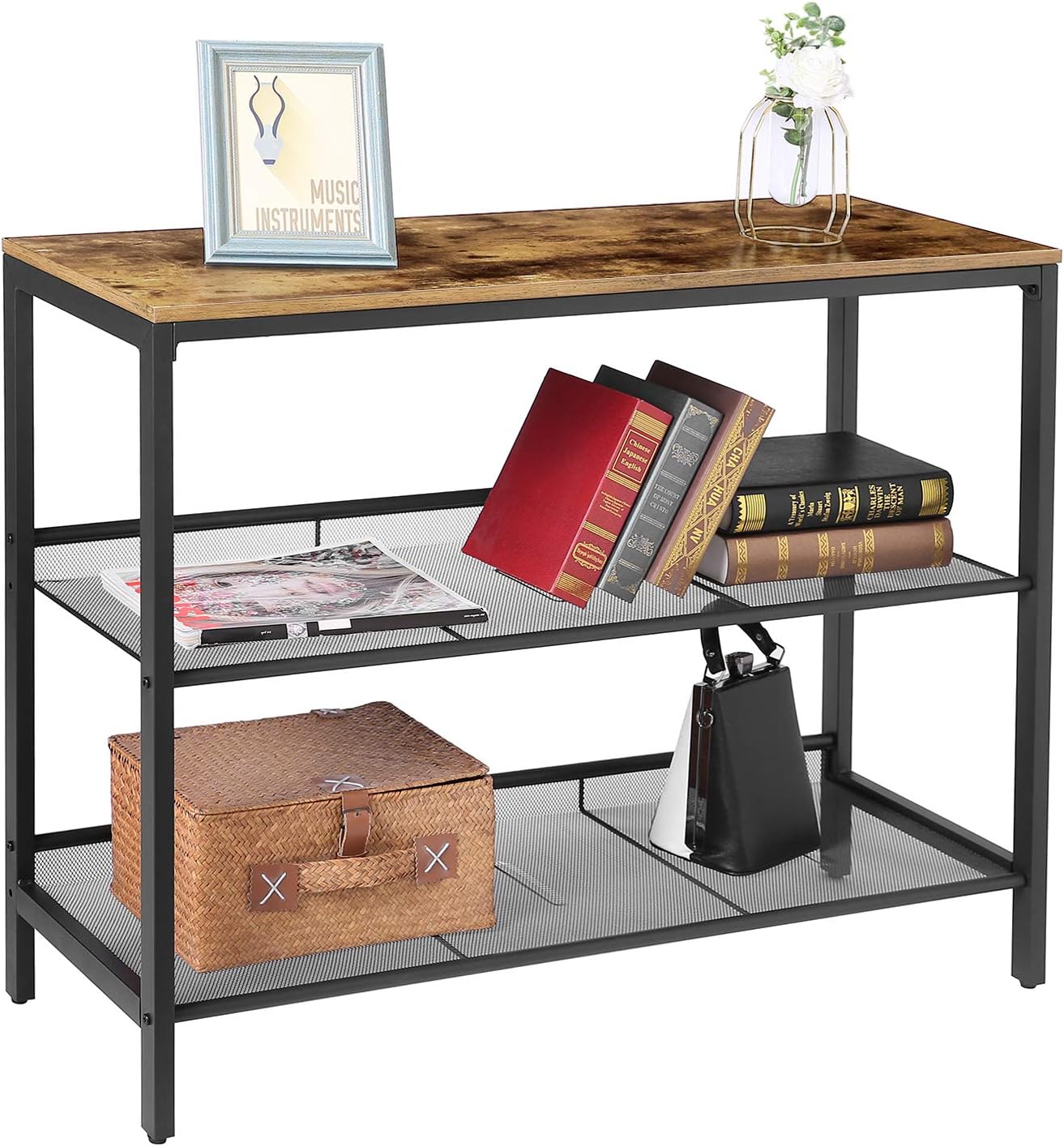 HOOBRO Console Table, Sofa Table with 2 Flat or Slant Adjustable Mesh Shelves, Hallway Table and Sideboard in Entryway, Living Room Corridor, Easy Assembly, Industrial, Rustic Brown and Black BF01XG01: Kitchen & Dining