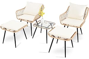 PORWEY 5 Piece Patio Furniture Set, Outdoor Wicker Small Conversation Bistro Set, All-Weather PE Rattan Chairs with Ottoman & Coffee Table, Ideal for Balcony Porch Deck Yard Poolside (Yellow/Beige)