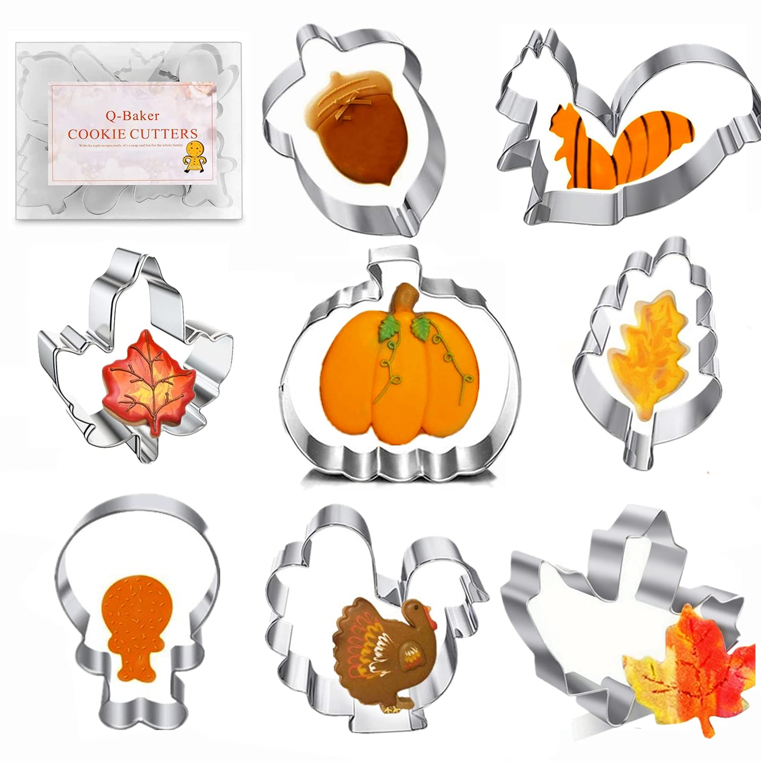 Photo 1 of Thanksgiving Cookie Cutters 8PCS Fall Leaves Cookie Cutter Set Turkey, Pumpkin, Maple/Oak Leaf, Corn,Squirrel and Acorn Turkey Leg