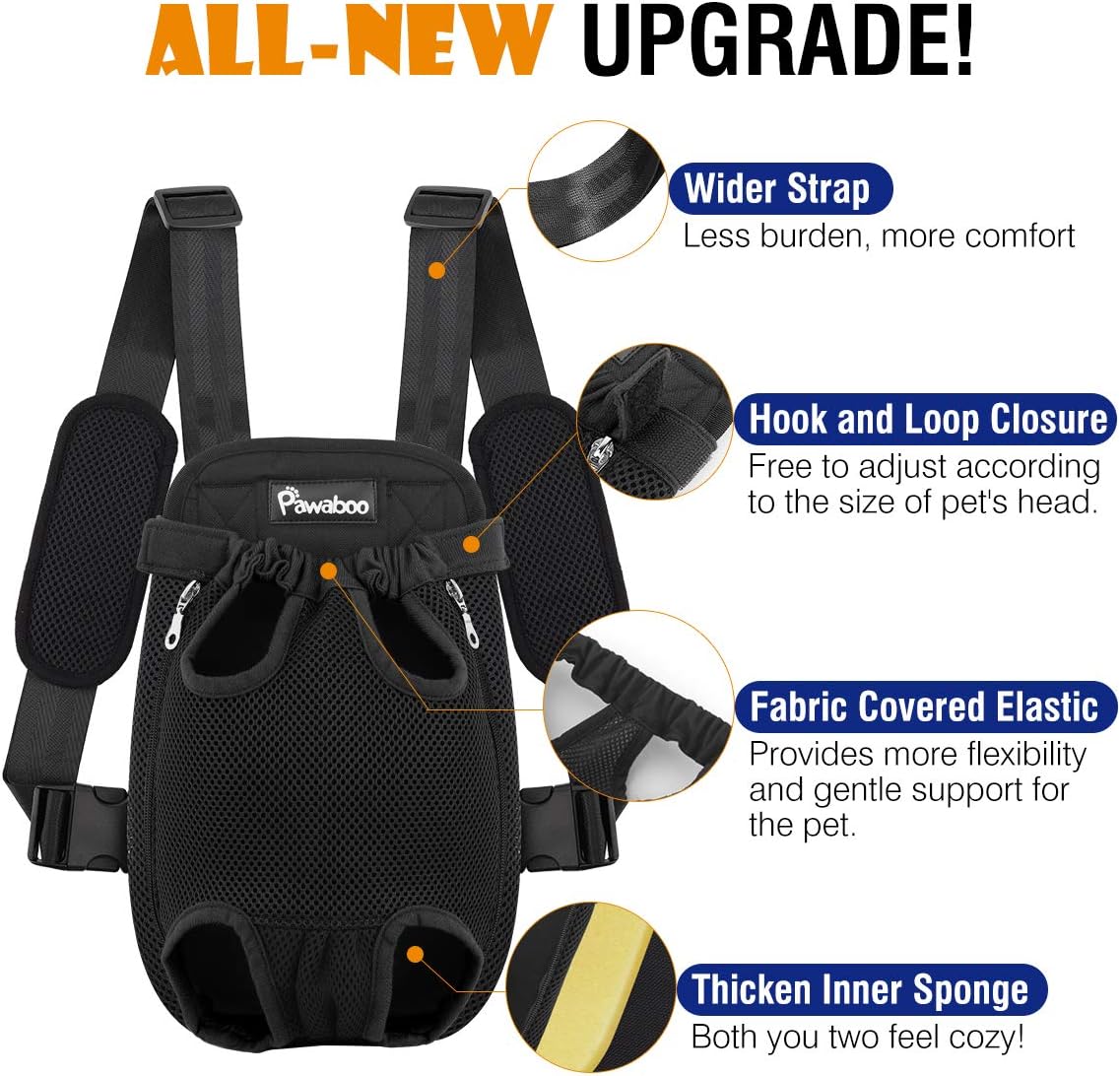 Pawaboo Pet Carrier Backpack, Adjustable Pet Front Cat Dog Carrier Backpack Travel Bag, Legs Out, Easy-Fit for Traveling Hiking Camping, Medium Size, Black : Pet Supplies