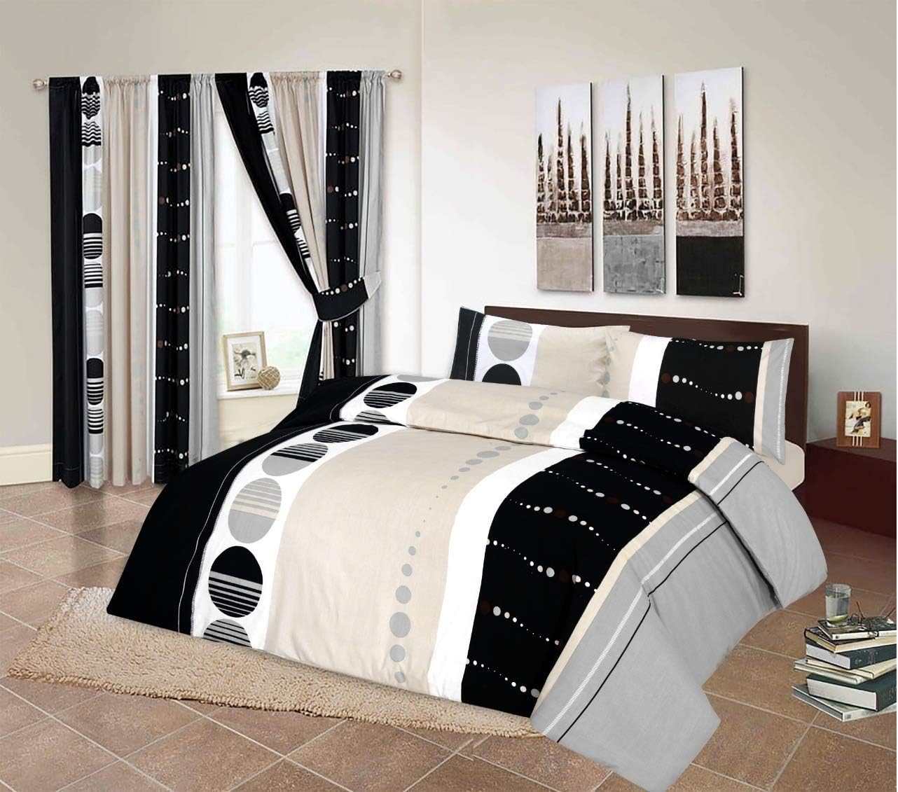 RayyanLinen ASHAR GREY SILVER WHITE BLACK PRINTED DUVET COVER BEDDING SET WITH PILLOWCASES (King)