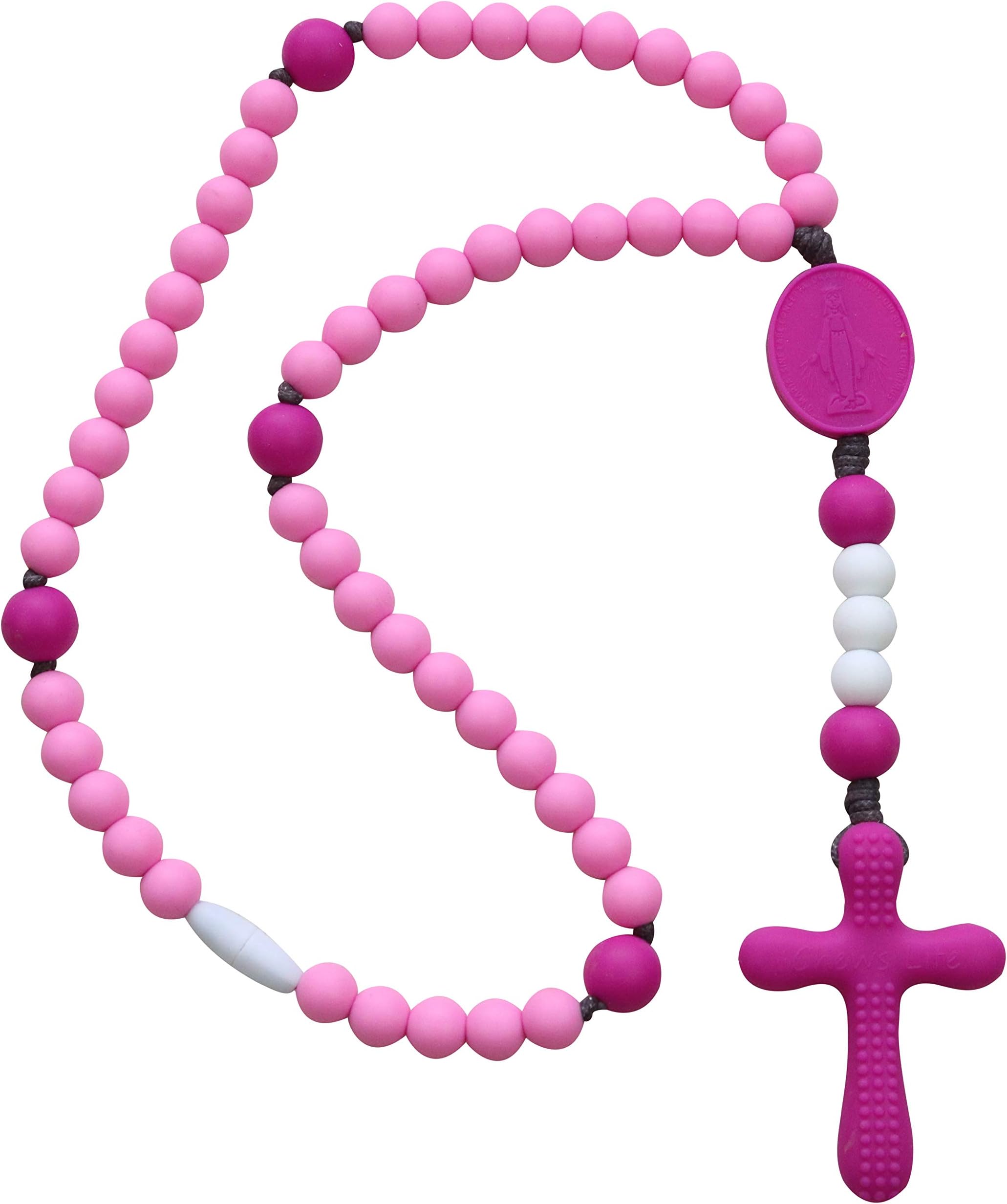 Chews Life Pink Rosary | Silicone Teething Rosary | Baby Boy or Girl Baptism or Mass Toy