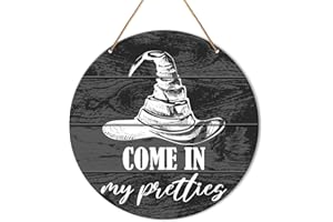Muktoujaumai Witch Welcome Sign Front Door Decor, Halloween Witch Round Hanging Sign Decor Autumn Wall Wooden Decorations Halloween Witchy Black Wood Sign for Porch, Gothic Home, Come in My Pretties