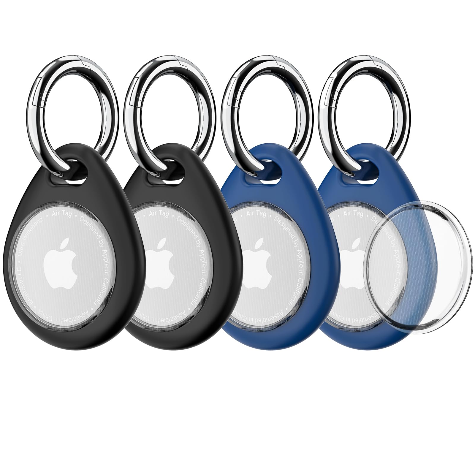 Biuupa 4-Pack Airtag Holder with Keyring - Shockproof, Anti-Scratch TPU Protective Case with Transparent Front Cover and Keychain, Case for Luggage, Pet Collar, Dogs - Black and Blue