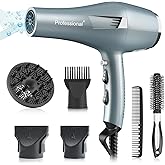 Faszin Ionic Salon Hair Dryer, Professional Blow Dryer AC Motor Fast Drying with 2 Speed, 3 Heat Setting, Cool Button, with Diffuser, Nozzle, Concentrator Comb for Curly & Straight Hair-Gray