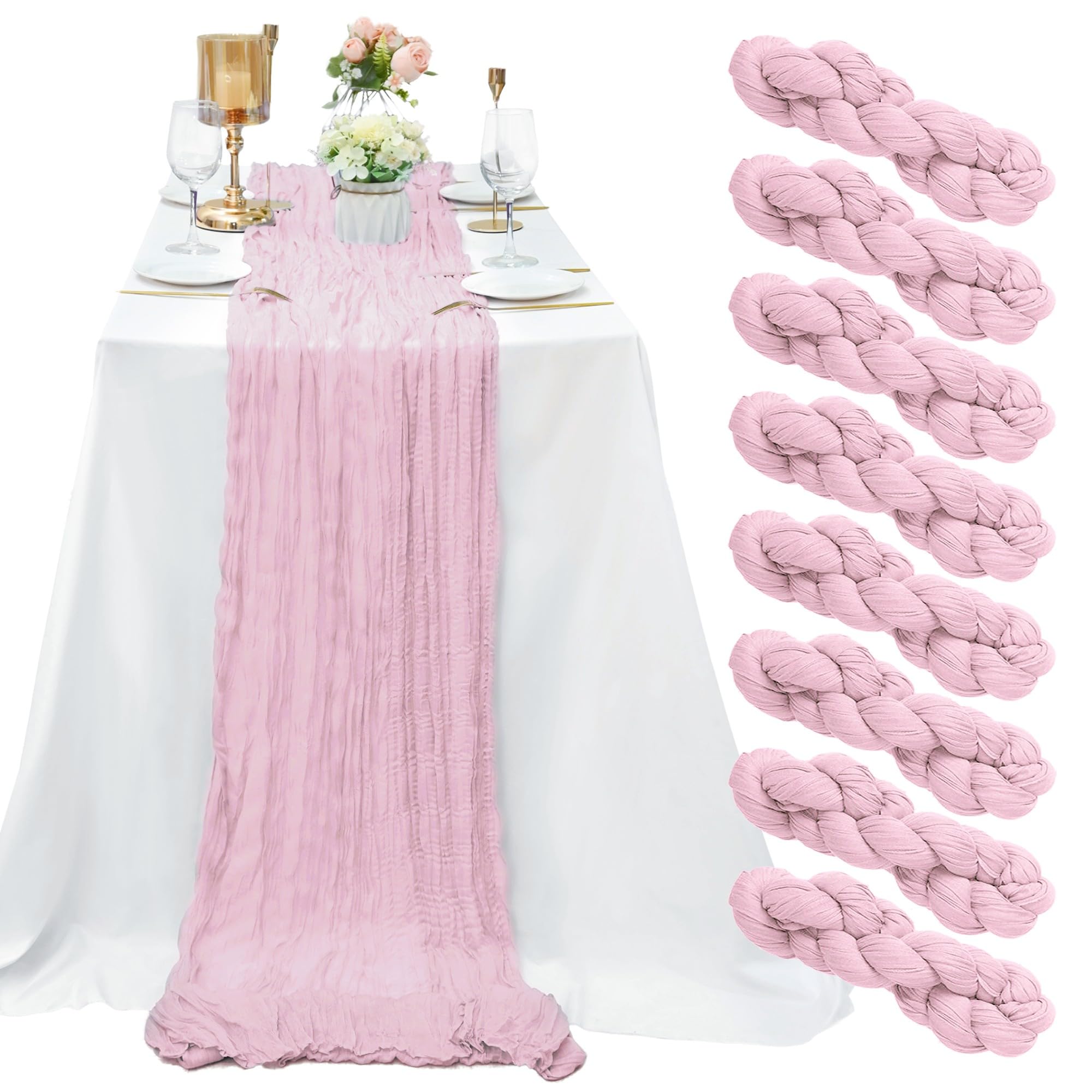 Photo 1 of 8 Pack Pink Cheesecloth Table Runner 10Ft Gauze Cheese Cloth Table Runner 35x120Inch Romantic Boho Table Runners for Wedding Banquet Birthday Party Anniversary Bridal Baby Shower Fall Home Table Decor