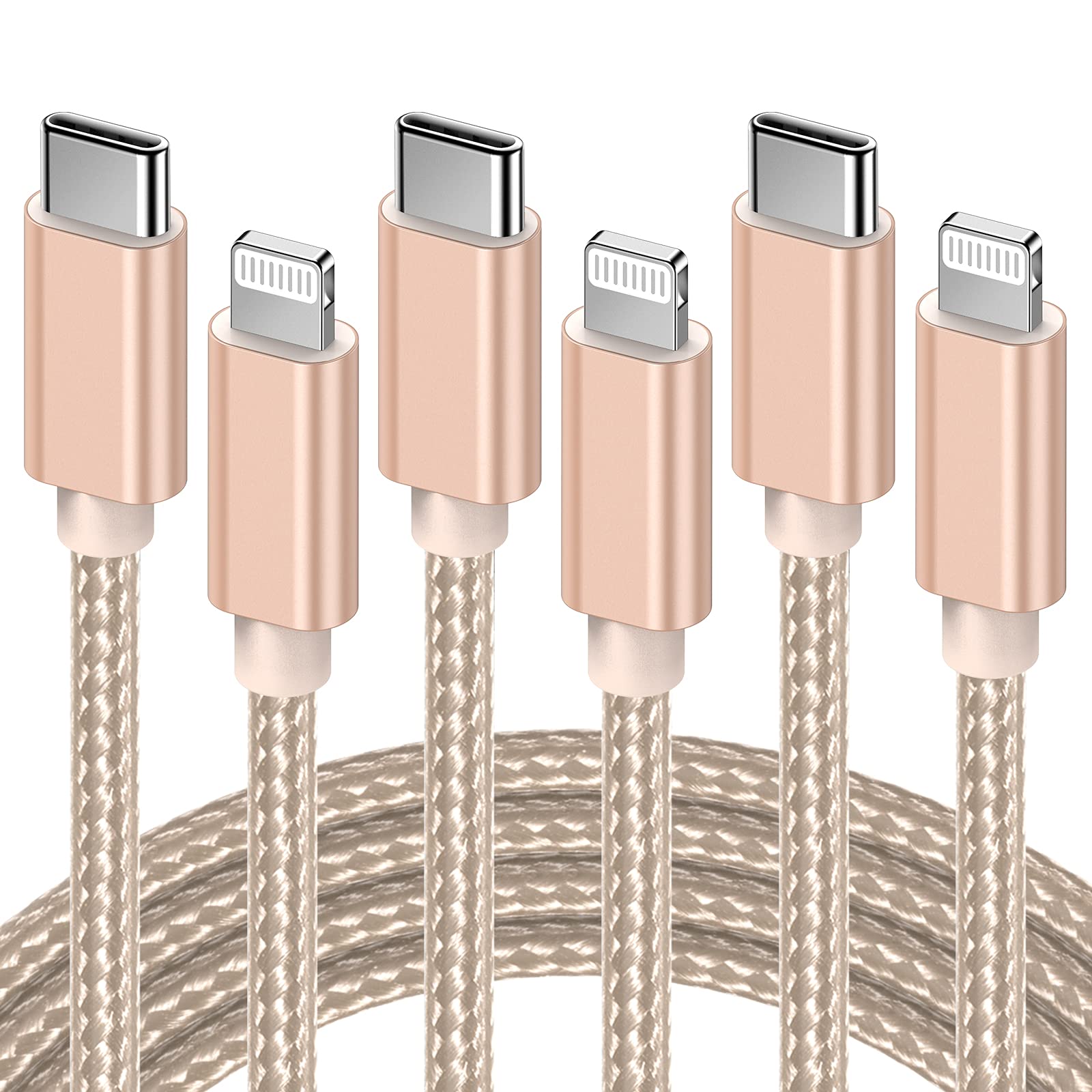 GlobaLink USB C to Lightning Cable, 3Pack 2m MFi Certified iPhone USB C Cable, Fast Nylon iPhone 12 Charger Cable Long Type C to iPhone Charger Cord for iPhone 13 12 Mini 12 Pro Max 11 Pro X 8 - Gold