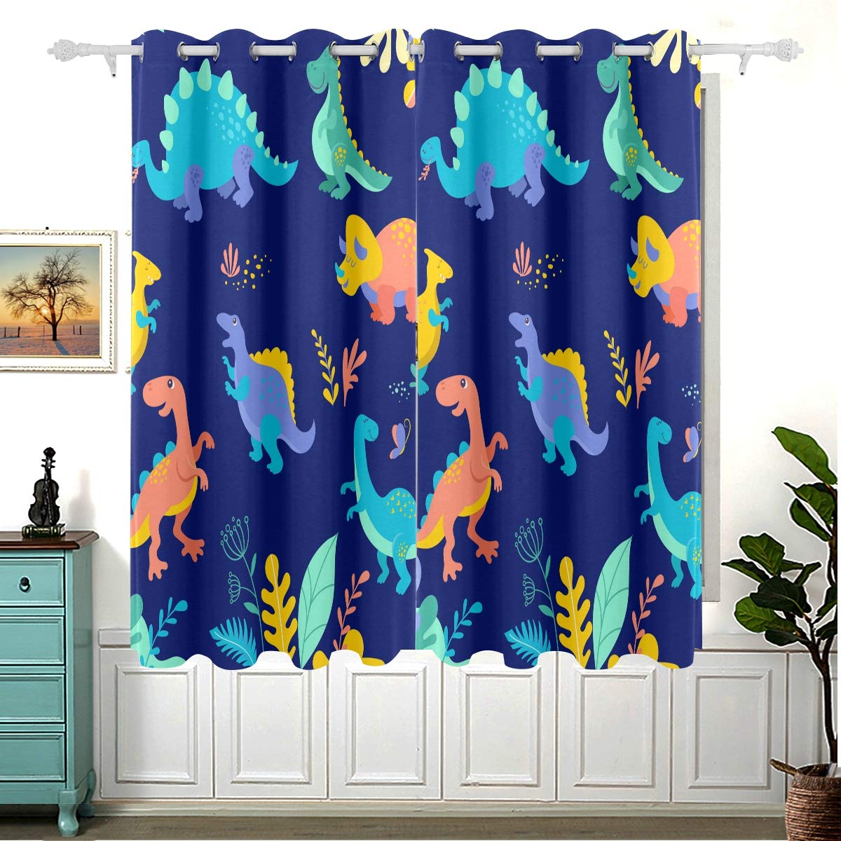 Dinosaurs Collection Cute Curtains for Children Bedroom,Eyelet Blackout Curtains for Nursery Short Window for Home Decor,54 x 55 Inches,2 Panels